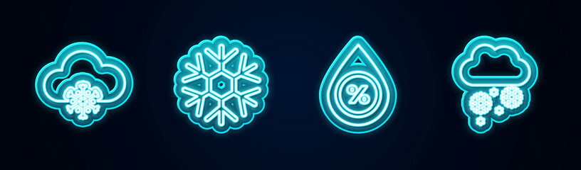 Set line Cloud with snow, Snowflake, Water drop percentage and . Glowing neon icon. Vector