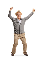 Full length portrait of a happy elderly man dancing with arms up