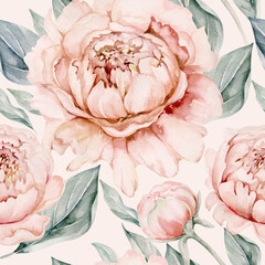 Materiał do szycia Seamless floral pattern with peonis watercolor.