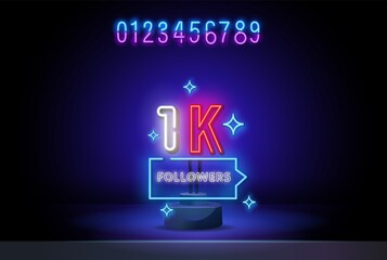 1000 followers neon sign. Realistic neon signboard with number of followers. Follow us neon. Lettering design for social media post, marketing or advertisement.