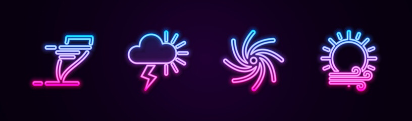 Set line Tornado, Storm, and Wind and sun. Glowing neon icon. Vector