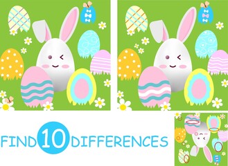 Game Find 10 differences for kids. Easter Bunny in cartoon style. Vector illustration.