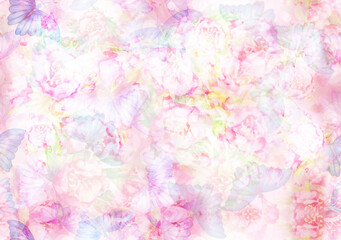 Seamless pink, bokeh background.  Abstract flora and butterflies.