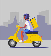 Courier riding a yellow motorbike flat vector illustration