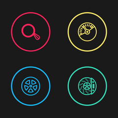 Set line Car wheel, brake disk with caliper, Speedometer and mirror icon. Vector