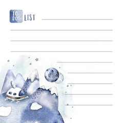To do list. todo Astronaut baby boy girl elephant, fox cat and bunny, space suit, cosmonaut stars, planet, moon, rocket and shuttle isolated watercolor space ship illustration Spaceman cartoon kid ast