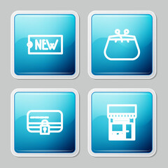 Set line Price tag with text New, Wallet, Credit card lock and Shopping building or market store icon. Vector