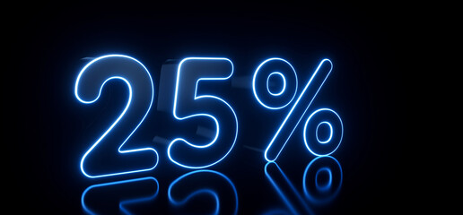 Modern Black 25% Percent Sign With Futuristic Blue Glowing Neon Lights Isolated On The Black Background - 3D Illustration	
