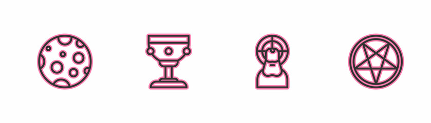 Set line Moon, Jesus Christ, Christian chalice and Pentagram in circle icon. Vector