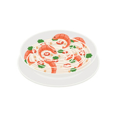 Noodle with shrimp, pad thai, pasta  - Isometric vector illustration in flat design.

