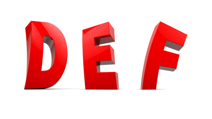 Comic alphabet 3D render. Twisted letters D, E, F. Fun red elastic letters. Easily removable background. (saved clipping)