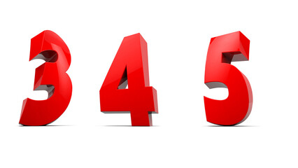 Comic alphabet 3D render. Twisted numbers 3, 4, 5. Fun red elastic letters. Easily removable background. (saved clipping)