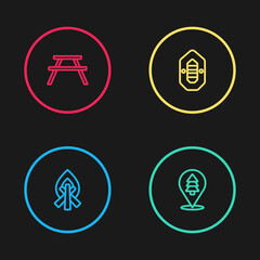 Set line Campfire, Location of the forest, Rafting boat and Picnic table with benches icon. Vector