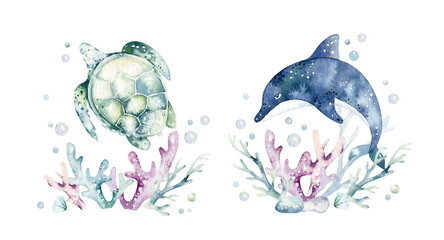 Set of sea animals. Blue watercolor ocean fish, turtle, whale and coral. Shell aquarium background. Nautical wildlife dolphin marine illustration, jellyfish, starfish - obrazy, fototapety, plakaty