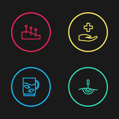 Set line Cup of tea and leaf, Acupuncture therapy, Cross hospital medical and icon. Vector