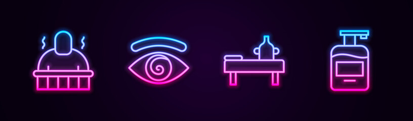 Set line Sauna and spa procedures, Hypnosis, Massage table with oil and Bottle of liquid soap. Glowing neon icon. Vector
