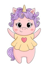 Cute little unicorn in yellow t-shirt with heart