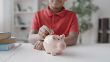 School kid saving money, putting coin in piggybank on the table, financial plan