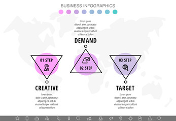 Fototapeta na wymiar Vector hand-drawn infographics with 3 circles and triangles. Modern concept graphic process template with three steps and symbols. Sketch business timeline for project on white background