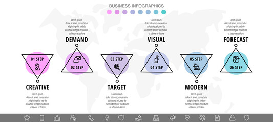 Vector hand-drawn infographics with 6 circles and triangles. Modern concept graphic process template with six steps and symbols. Sketch business timeline for project on white background