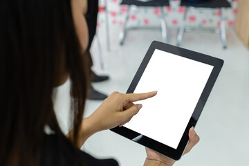 Top view mockup digital tablet with empty white screen. blank touchscreen.