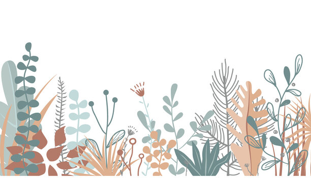 Fototapeta Abstract foliage, plant leaves flat vector illustration. Herbal collection banner template. Beautiful scandinavian style floral background design