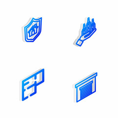 Set Isometric line Skyscraper, House with shield, plan and Garage icon. Vector