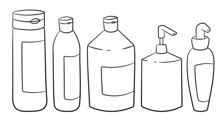 Set of bottles and dispensers black outline on a white background. Bottles with flip top caps and labels. Rounded shapes.