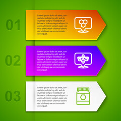 Set line Honeycomb bee location, Bee and Jar of honey. Business infographic template. Vector