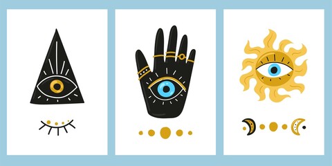 Talismans, amulets - a set of posters. Protection from the evil eye, mystical symbols, esotericism. Hamsa, Hand of Fatima, Eye of Providence.  illustrations isolated on white.