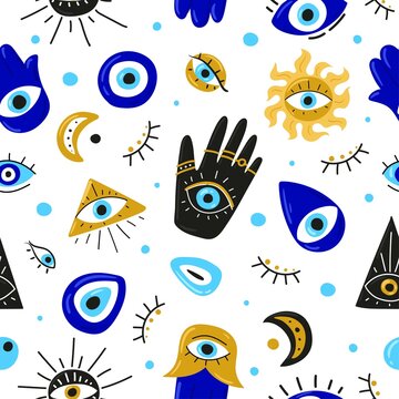 Seamless pattern with Cartoon Evil eyes. Blue Evil eye, Hamsa, Hand of Fatima, Eye of Providence. Illustrations of amulets for print, fabric, wallpaper, clothing, wrapping paper.