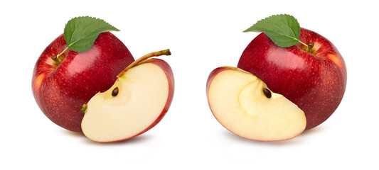Red apple with leaves and slices isolated on white background..