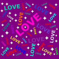Love text, made of flowers of different colors, vector background for Valentine's Day. Love is everywhere around us