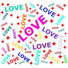 Love text, made of flowers of different colors, vector background for Valentine's Day. Love is everywhere around us