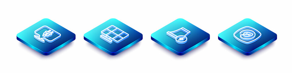 Set Isometric line Electric plug, Solar energy panel, Nuclear power plant and Location with leaf icon. Vector