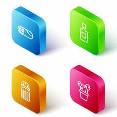 Set Isometric line Burrito, Tequila bottle, Salt and Cactus or succulent in pot icon. Vector