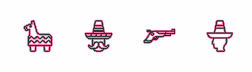 Set line Pinata, Vintage pistols, Mexican man sombrero and icon. Vector