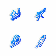 Set Isometric line Telescope, Mars rover, Space capsule and Comet falling down fast icon. Vector