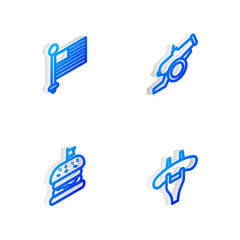 Set Isometric line Cannon, American flag, Burger and Sausage the fork icon. Vector
