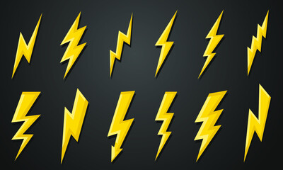 Lightning bolt icon set on dark, Energy and thunder electricity symbol concept, vector Illustration
