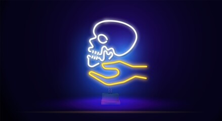 Neon sign with a skull in his hand. . Night bright advertising. Vector illustration in neon style for Halloween and biker style