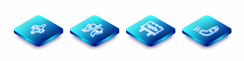 Set Isometric line Joint pain, knee pain, Lungs, No smoking and Inhaler icon. Vector