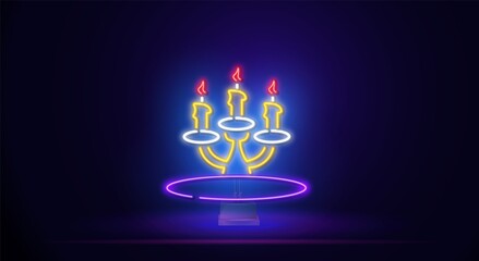 Neon sign with three burning candles. A glowing sign by candlelight. Night bright advertising. Vector illustration in neon style for Halloween, religion, light