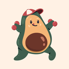 Cute avocado with dumbbells vector cartoon character isolated on background.