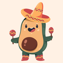 Cute avocado in sombrero hat and maracas vector cartoon character isolated on background.
