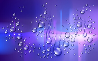 Water rain drops or condensation over blurred night city background beyond the window, realistic transparent 3d vector illustration, easy to put over any background.