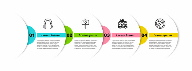 Set line Headphones, Peace, Hippie camper van and No war. Business infographic template. Vector