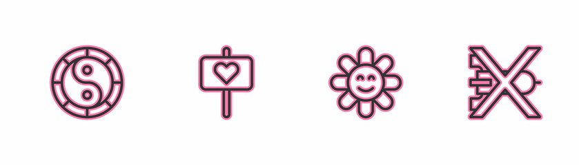 Set line Yin Yang symbol, Flower, Peace and No war icon. Vector