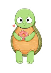 Cute little happy turtle with pink donut