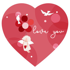 Vector illustration of an angel in a red heart, happy valentine's day, love you